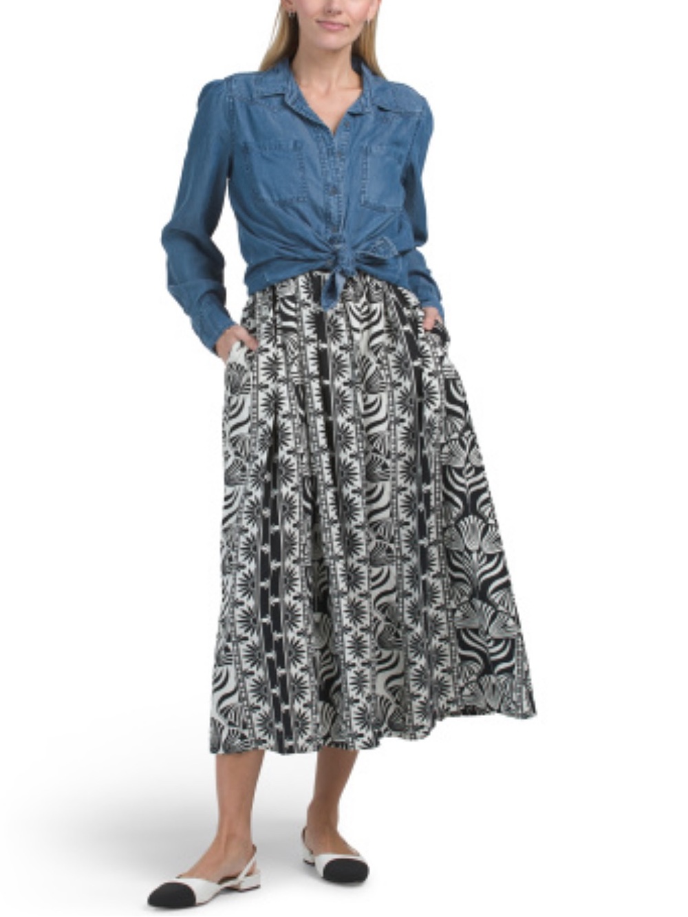 Nicole Miller Black and White Printed Midi Dress with denim shirt size M